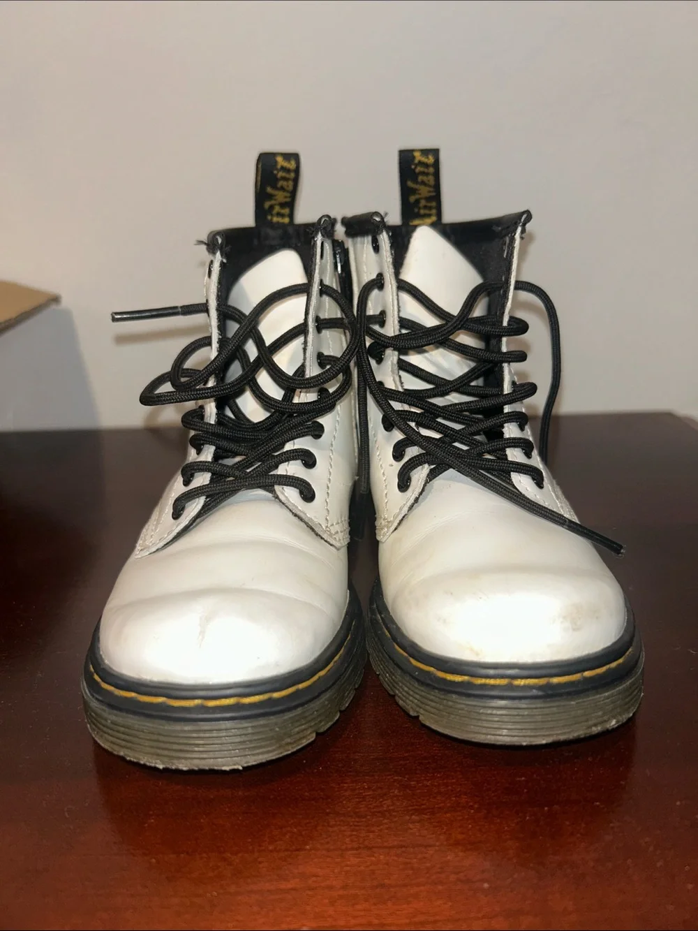 KIDS White Doc Martens Lace-Up Combat Boots with Black Trim